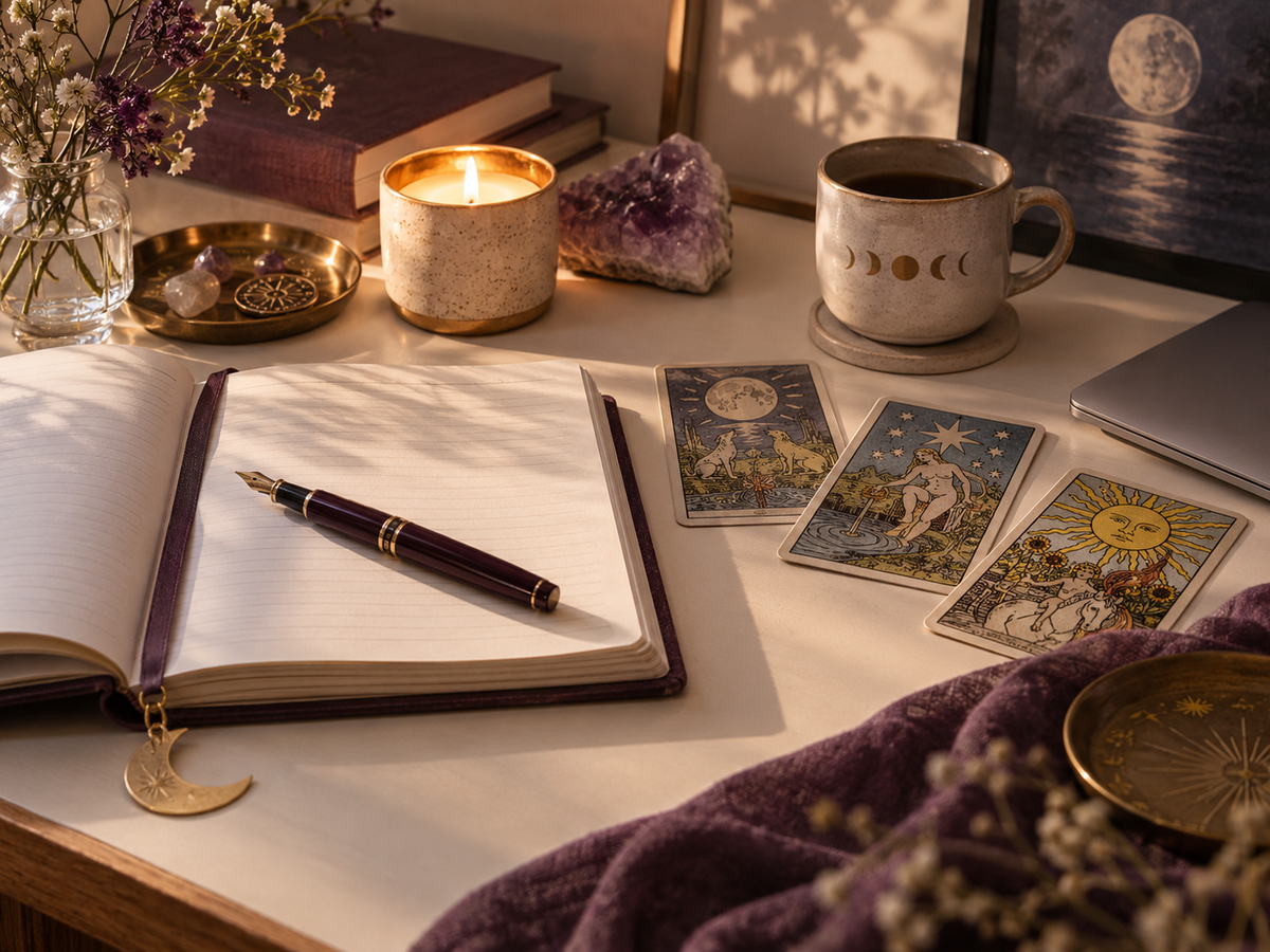Tarot cards, journal and candle representing Tarot readings and dream interpretation via email