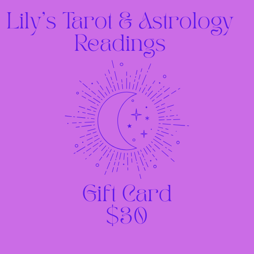 Gift card for Lily's Tarot & Astrology Readings with a purple background and celestial design.