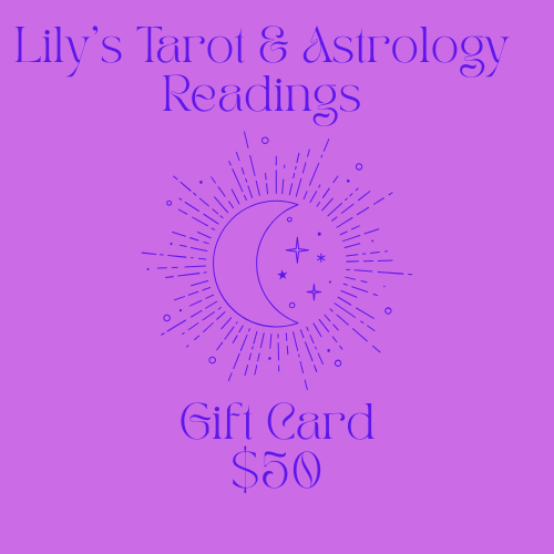 Purple gift card for Lily's Tarot & Astrology Readings with a moon and star design.
