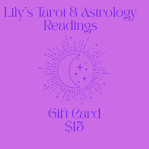 Purple gift card for Lily's Tarot & Astrology Readings with a moon and star design.