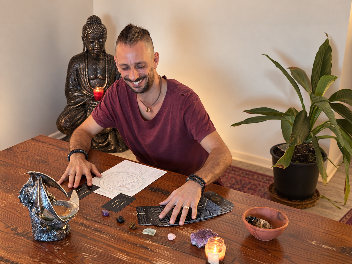 Astrologer Mario exploring a birth chart during an online astrology reading