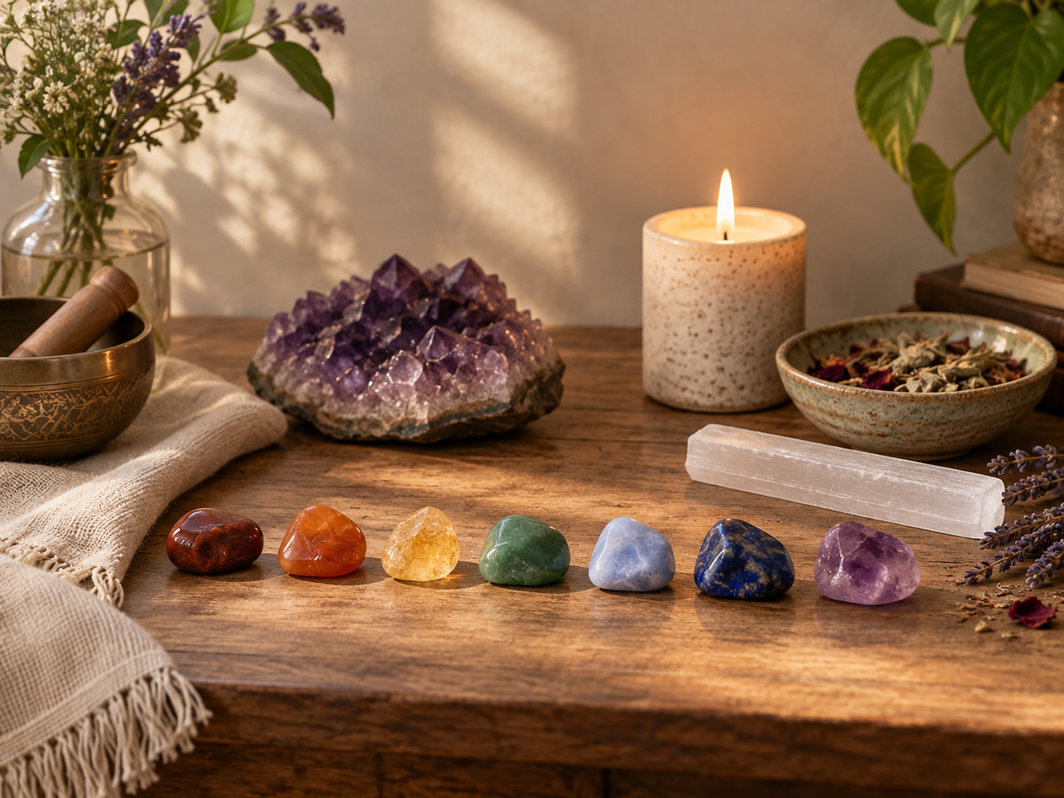 Candle, crystals and chakra stones representing remote energetic cleansing and chakra healing