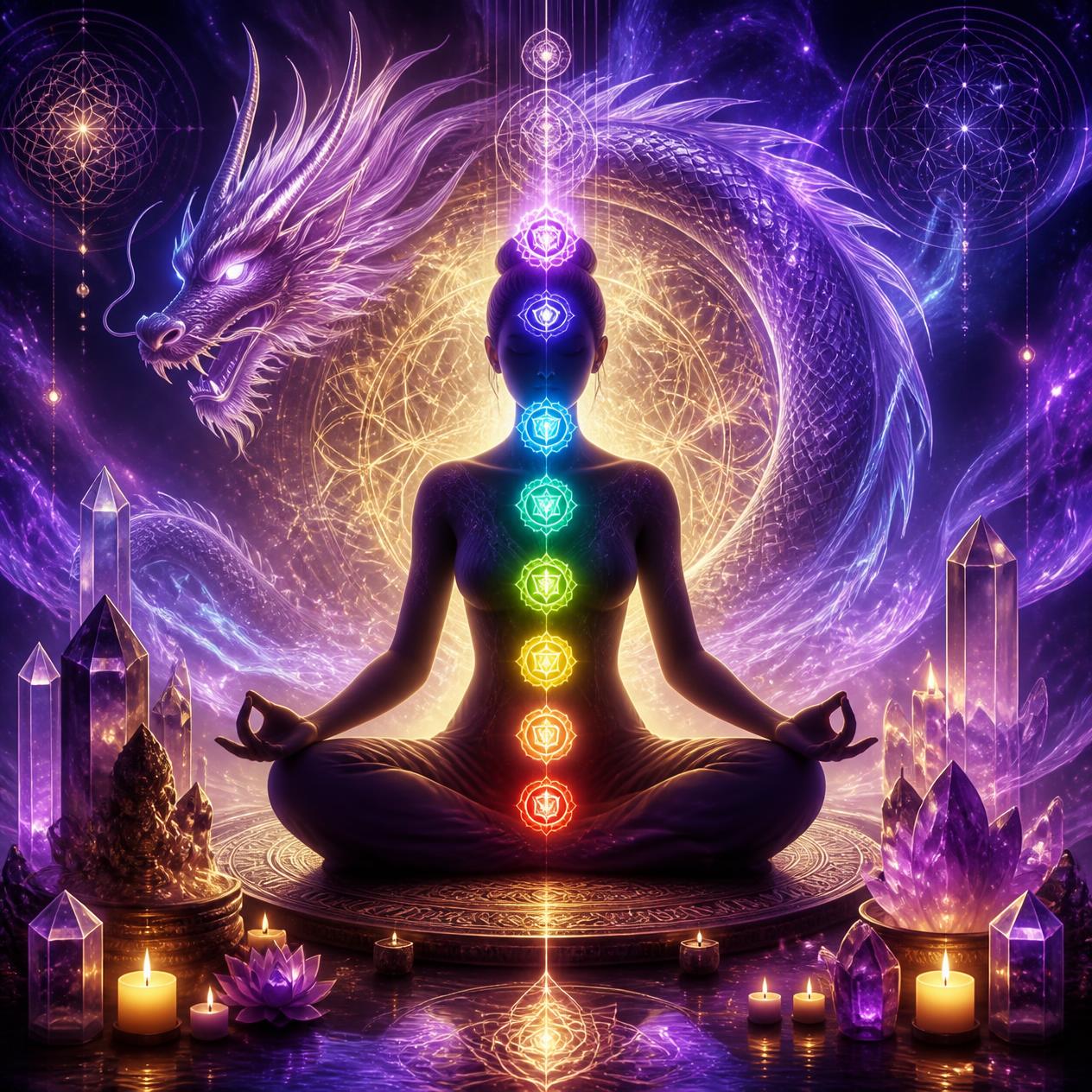A meditative human silhouette with glowing chakra symbols on the back, seated in a lotus position on a circular platform. A large purple dragon surrounds the figure against a cosmic background with crystals, candles, and luminous energy effects.