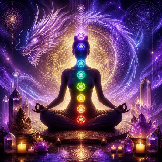 A meditative human silhouette with glowing chakra symbols on the back, seated in a lotus position on a circular platform. A large purple dragon surrounds the figure against a cosmic background with crystals, candles, and luminous energy effects.