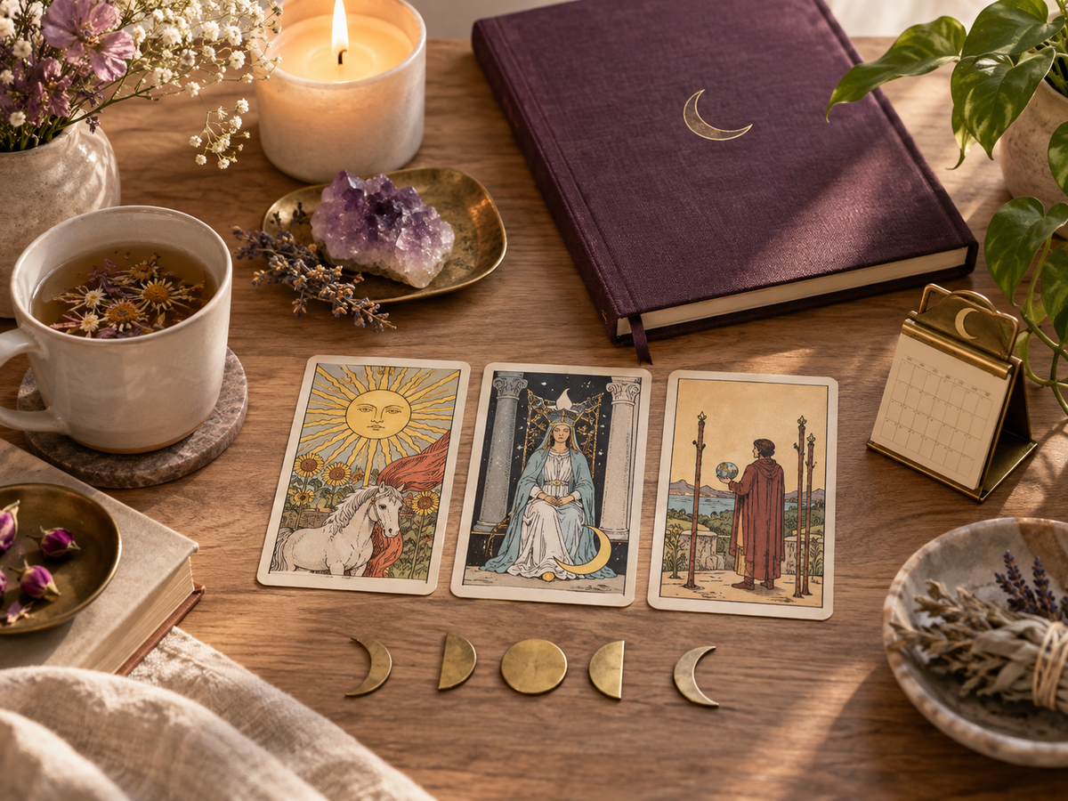 Three Tarot cards, journal and moon phases representing monthly Tarot guidance by email
